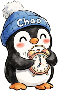 Chao, a cartoon penguin in a blue beanie hugging an alarm clock