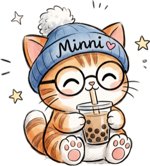 Minni, an orange cartoon cat in a blue beanie and round glasses, sipping boba