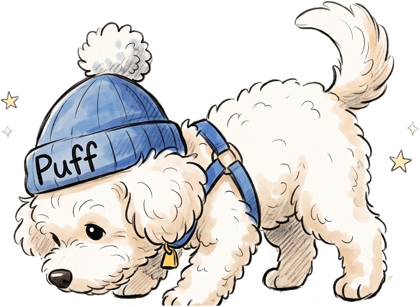 Puff, a fluffy white puppy in a blue beanie, sniffing the ground