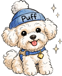 Puff, a fluffy white puppy in a blue beanie and harness